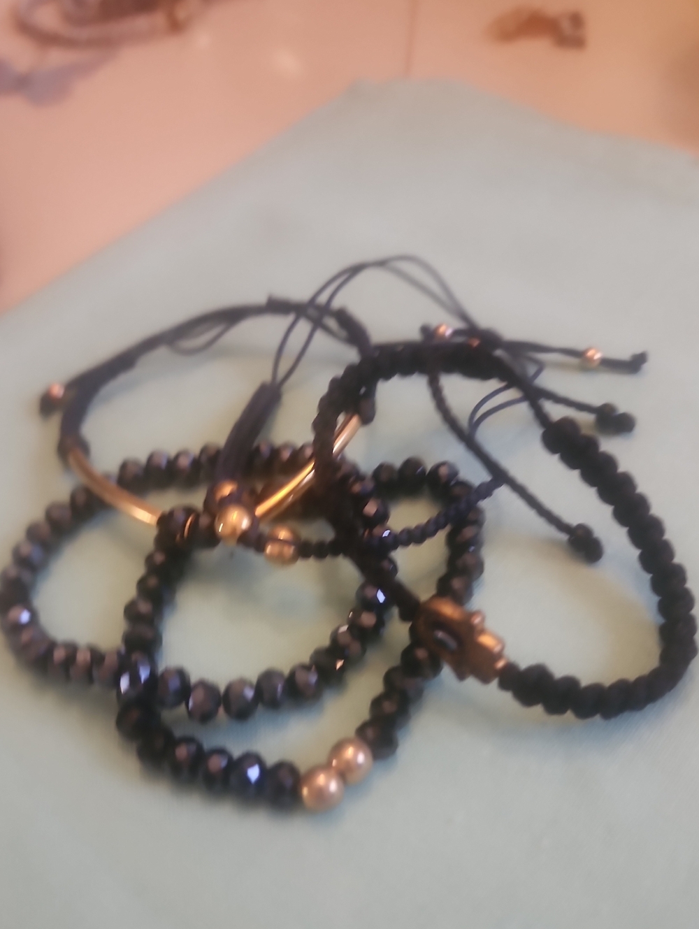 Women's Black Beaded & Braided Bracelet Set with Hamsa Charm And Gold Accents
